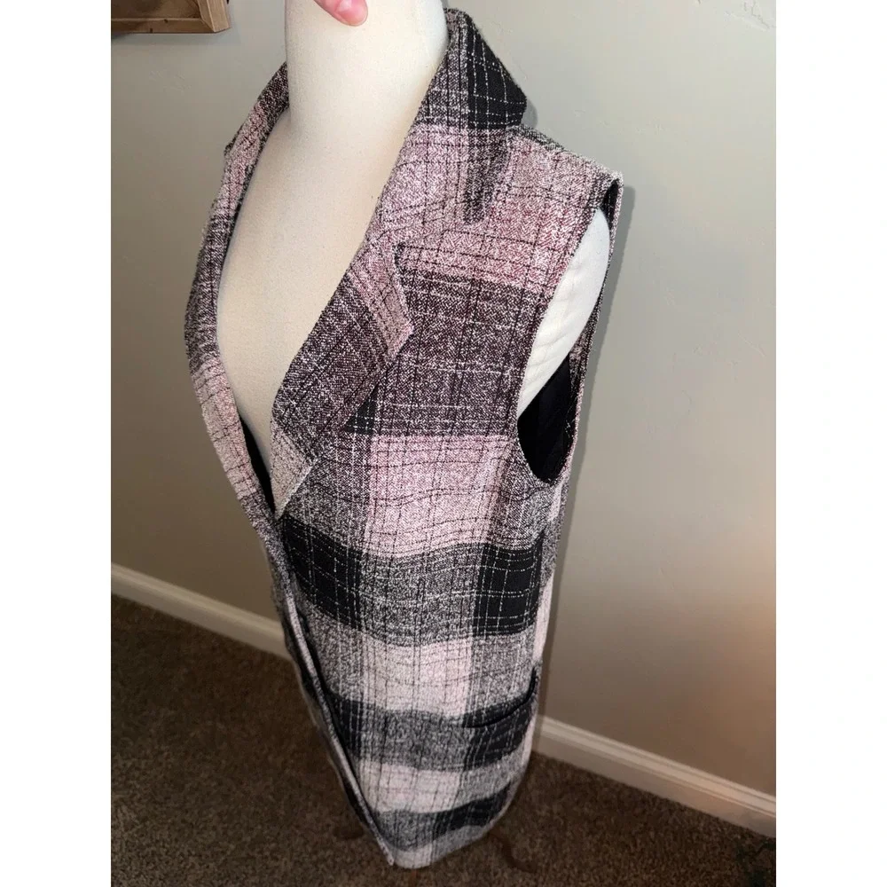 14th & UNION Plaid‎ Long Vest Blazer Women's Size M Black Pink Tweed Open Front